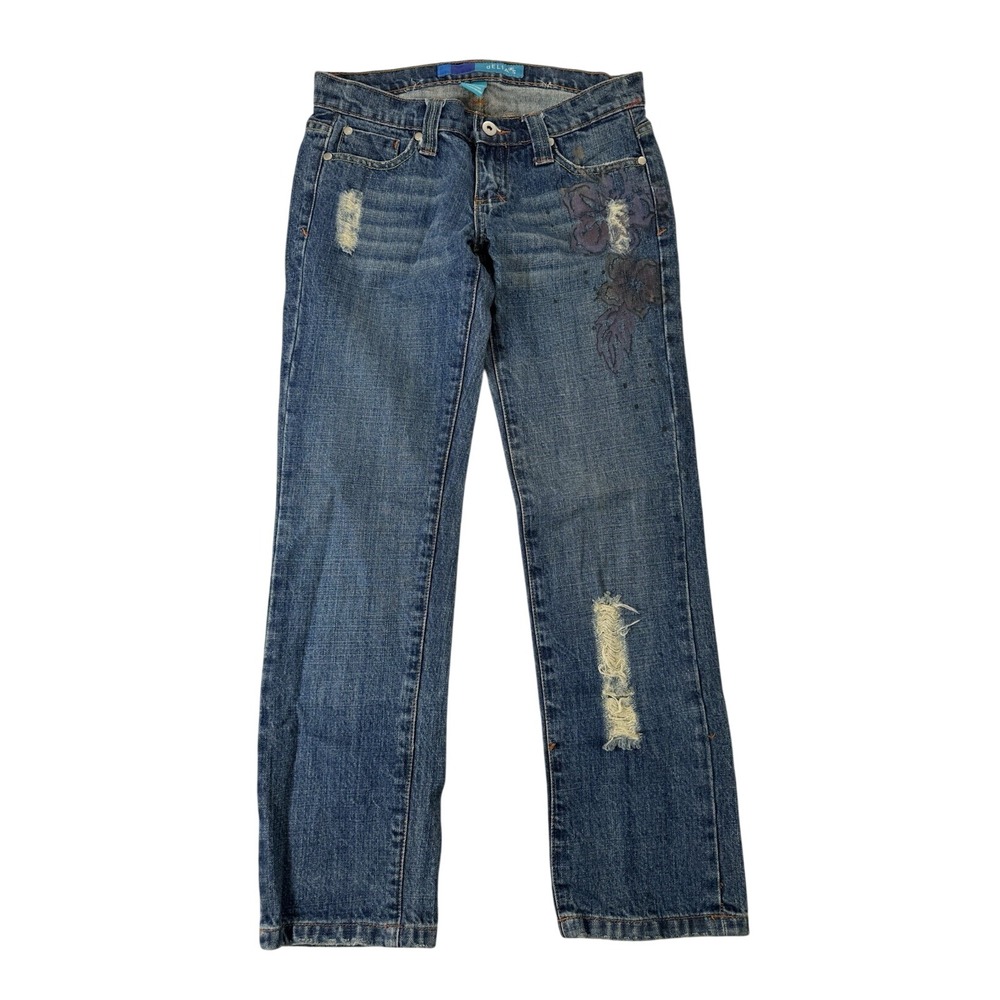 dELiA*s Low Rise Straight Leg Distressed Floral Graphic Jeans Medium Wash Size 3